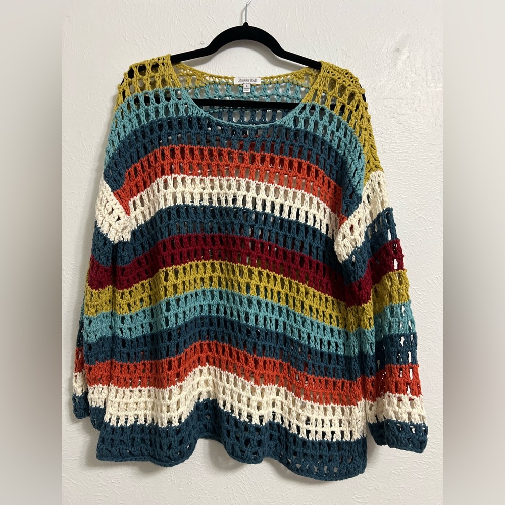 Johnny Was Sweater Open Crochet Stitch Stripe Boho Multi color Pattern SZ Large